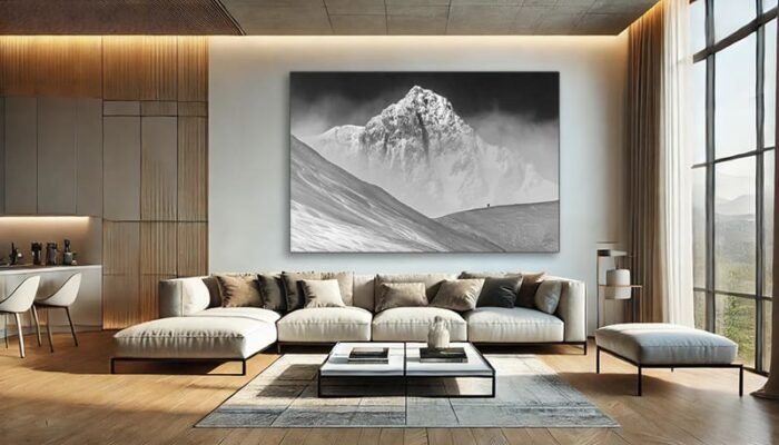 Idée décoration murale – Tirage photo d’art noir et blanc Inspiration déco : tirage photo d’art en noir et blanc en grand format dans un salon moderne et lumineux.