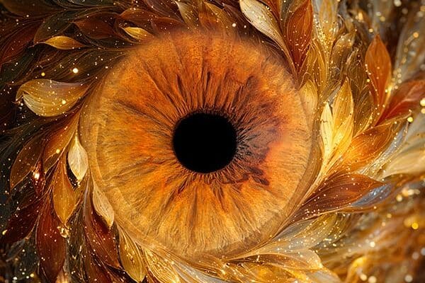 Gros plan d’un iris photographié en studio, montrant les détails et les textures de l’œil.